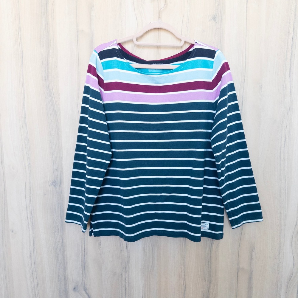 Talbots Womens Striped Top XLP Blue Boatneck 3/4 Sleeve Cotton Preppy Classic
